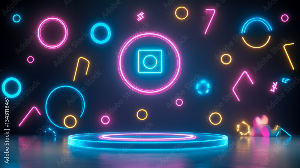 Poster neon abstract glowing shapes on platform for product display, futuristic tech presentation