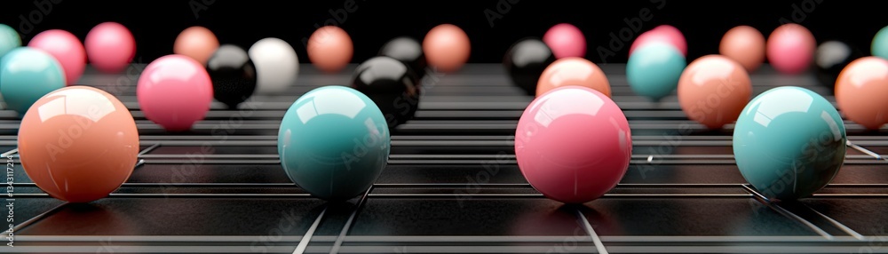 Poster colorful balls on parallel lines with a dark background, can be used for abstract art