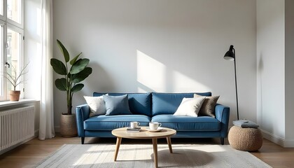 Modern Living Room Interior Design Blue Sofa Wooden Coffee Table Natural Light