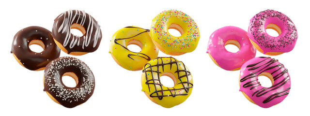 Assorted donuts with colorful icing, sprinkles, and chocolate isolated on white transparent...