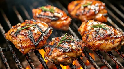 Grilled chicken thighs with herbs and spices cooking over open flames at a backyard barbecue