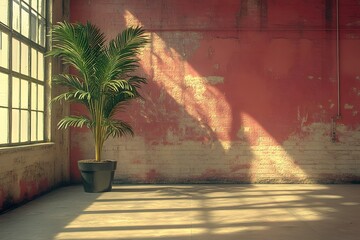 Urban Loft Interior with Potted Palm and Sunlit Vintage Red Brick Wall