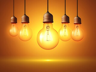 Glowing light bulbs hanging on a creative orange background