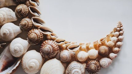 Obraz premium Seashells are arranged in a crescent shape. The shells are white and brown and vary in size.