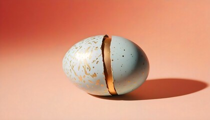 A blue egg with gold speckles is cracked open, revealing a shiny golden interior. It rests on a gradient background transitioning