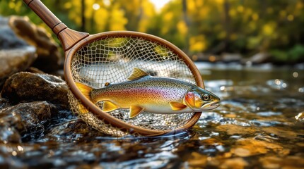 Riverside fly fishing catch in wooden net partially submerged in crystal-clear water, freshly caught trout with glistening scales, golden afternoon light, blurred forest background