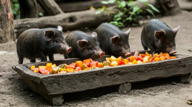 A group of Vietnamese Pot Belly Pigs eating a mix of ripe fruits in a feeding trough
