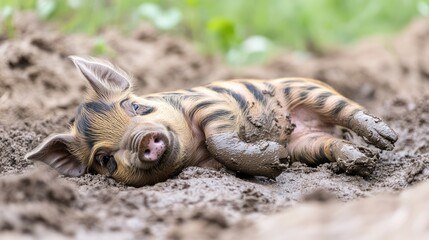 Obraz premium A piglet happily rolling in the mud, its black-striped head peeking out