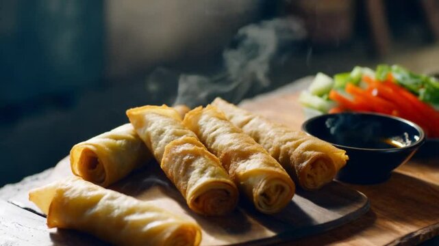 Freshly fried lumpia rolls on a wooden board, steam rising, side of pickled vegetables and soy dipping sauce
