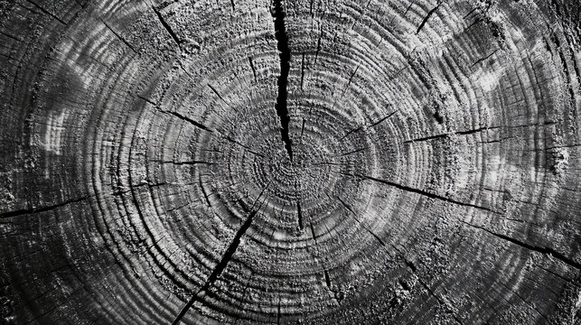 Detailed black and white texture of cut wood log showing growth rings