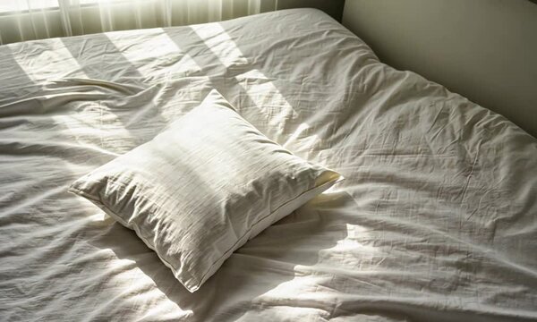 A single white pillow on a rumpled white bed with sunlight streaming across the sheets.