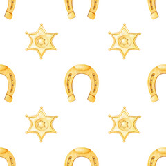 Sheriff badge, horseshoe. Watercolor cowboy themed seamless pattern