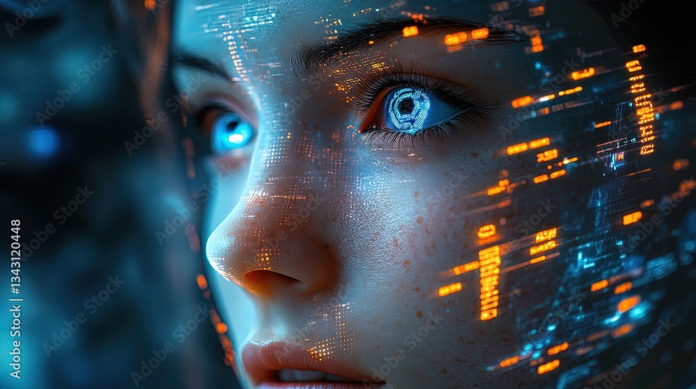 Poster close-up of face with futuristic hud, glowing data and transparent holograms