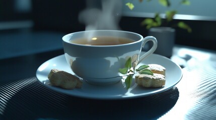 Fototapeta premium Cozy Morning Tea Steam Biscuits Sunlit Cup