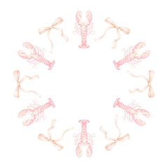 Lobster, bow. Watercolor round frame on white background in pastel colors. Cute seafood illustration for textile and wrapping paper, menu