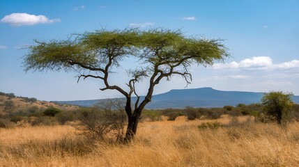 An acacia tree stands alone in a sun-drenched savanna. The image represents nature and evokes a sense of solitude and beauty.