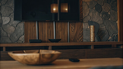 White and brown textured wall with modern abstract art, paired with a sleek wooden table and rustic bowl, creating a stylish, contemporary interior with an organic and warm ambiance.