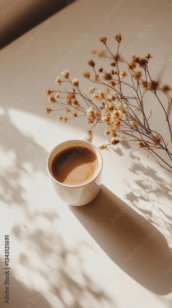 Poster warm light filters through the window, illuminating a cup of coffee set against a smooth surface. de