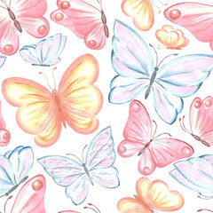Butterflies flutering delicate. Seamless pattern. Watercolor illustration hand painted. Spring summer background with flying insect. Tropical animals, bugs. Template for wallpaper, textile, packaging.
