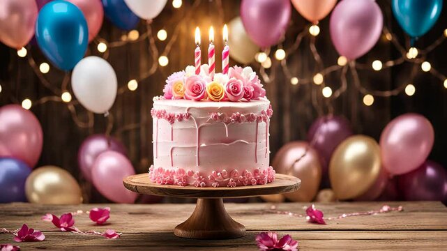Birthday cake with candles surrounded hot air ballo