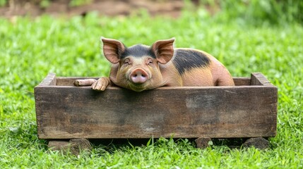 A Vietnamese Pot Belly Pig resting beside a wooden feeding trough