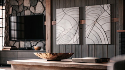 White and brown textured wall with modern abstract art, paired with a sleek wooden table and rustic bowl, creating a stylish, contemporary interior with an organic and warm ambiance.