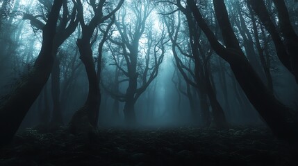 Walking Through a Dark Foggy Forest with Tall Trees and Mist