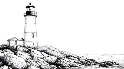 Lighthouse on rocky coast, illustrating maritime navigation at sea, promoting nautical themes
