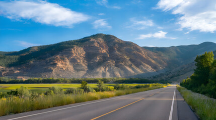 The photo showcases a scenic road leading toward a majestic mountain range. It is submitted as generative AI content for travel, on a stock photo website.