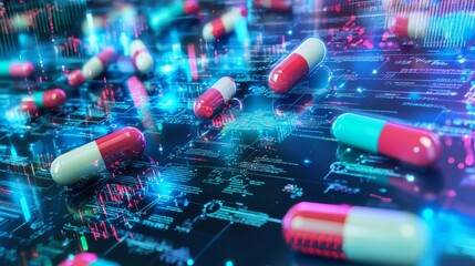 Vibrant ai enhanced financial forecasting in pharmaceuticals with colorful capsules and data visuals
