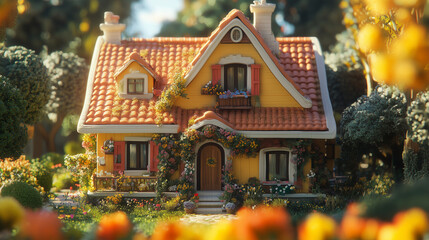 Fototapeta premium Charming cottage surrounded by colorful flowers and greenery in a bright, sunny garden setting