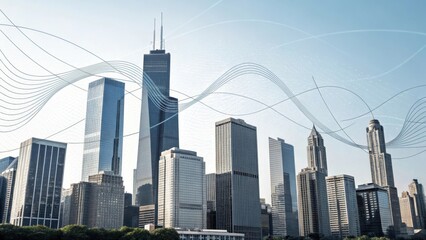 Fototapeta premium A modern city skyline featuring tall buildings with a clear blue sky and dynamic wave patterns in the background.