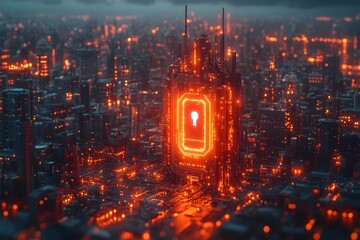 Fototapeta premium Glowing Cybersecurity Cityscape - Futuristic Digital Data Protection Concept Design for Technology, Security, and Innovation
