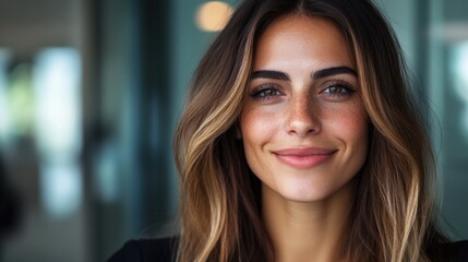 Fototapeta premium Smiling young caucasian female with long hair and freckles