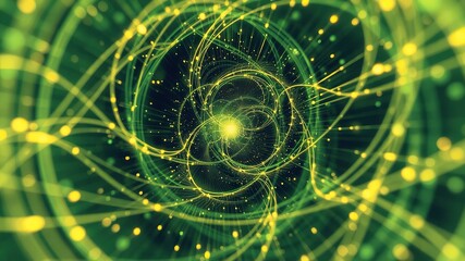 An abstract image showing the flow of digital assets in a green economy, with interconnected networks and data streams. Abstract green background with a digital mesh