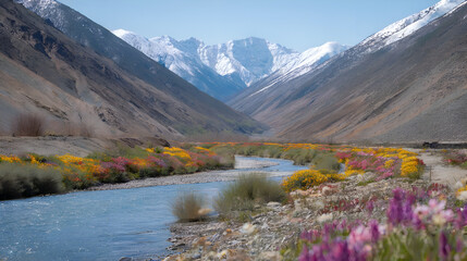 A scenic mountain river flows through a valley under snow-capped peaks. Colorful wildflowers bloom in the foreground of this illustrative editorial image.