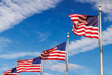 Rows of American flags waving against a sunny sky