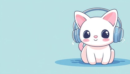 An adorable cartoon kitten enjoying music with large over ear headphones