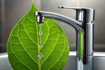 Modern Faucet Features a Gentle Stream of Water Flowing Onto a Green Leaf