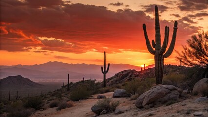 A stunning desert sunset featuring saguaro cacti silhouetted against vibrant orange and purple skies, creating a serene and breathtaking landscape.