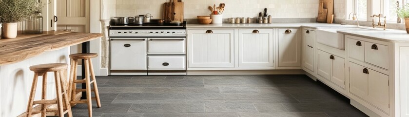 Old farmhouse kitchen with rough-textured slate flooring, nostalgic vibe