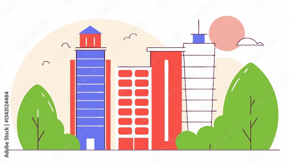 Poster a colorful illustration of modern buildings set against a soft background with trees and clouds, sym