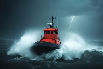 Struggling against nature's fury, a courageous tugboat battles relentless waves in a stormy ocean as lightning illuminates the sky Generative AI