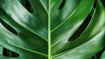 Close-up view of a vibrant green monstera deliciosa leaf, showcasing its characteristic splits and holes, creating a captivating natural pattern, ideal for backgrounds and nature-themed projects