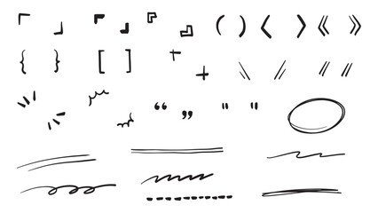 Hand drawn set of black doodle style brackets or marker divider underlines. Vector illustration isolated on white background.
