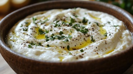 A creamy concoction of labneh, yogurt, and cheese, perfect as a light and refreshing breakfast, offering a burst of flavor and a hint of tang.