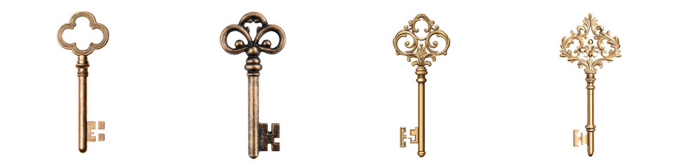 Collection of intricate ornamental vintage and antique style metallic keys displayed as decorative accents or collectibles