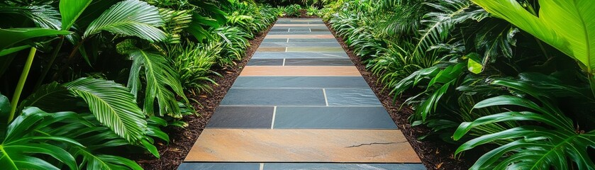 Obraz premium Multicolored slate tile walkway surrounded by lush green plants, organic feel