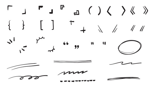 Hand drawn set of black doodle style brackets or marker divider underlines. Vector illustration isolated on white background.