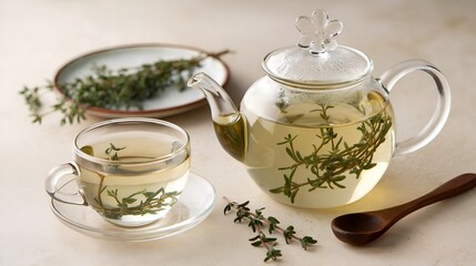 A clear teapot and cup filled with herbal tea. The earthy palette and gentle composition evoke a calming tea-drinking experience.